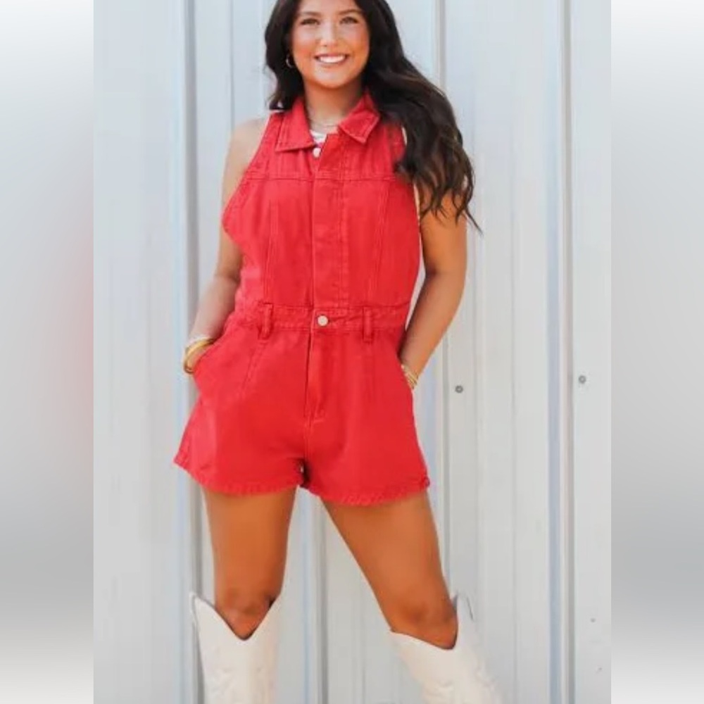 Baevely red denim romper medium. worn ONCE